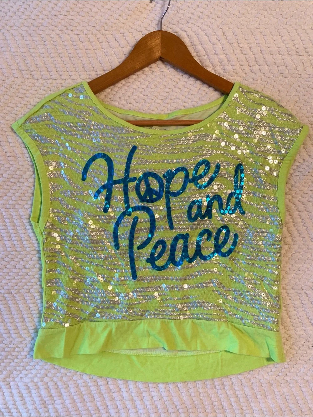 Justice Girls Size 14 Green Sequin Hope & Peace Top
